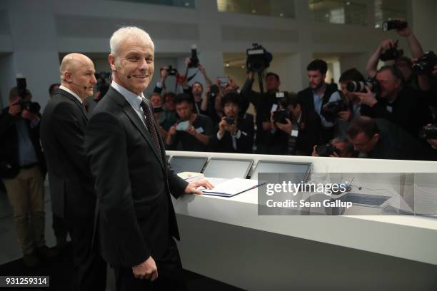 Matthias Mueller , Chairman of German automaker Volkswagen AG, and VW Chief Financial Officer Frank Witter arrive for the company's annual press...