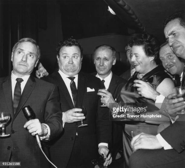 From left to right, Dick Emery, Harry Secombe, Bill Kerr, Sheila Van Damm , Arthur Haynes and Michael Bentine at a party to mark the final show at...