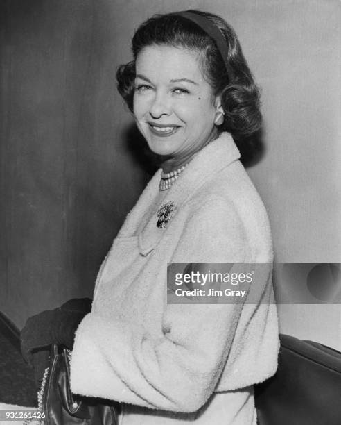 American actress Joan Bennett in London, 26th August 1963. She is there to star in the comedy 'Never Too Late' at the Prince of Wales Theatre.