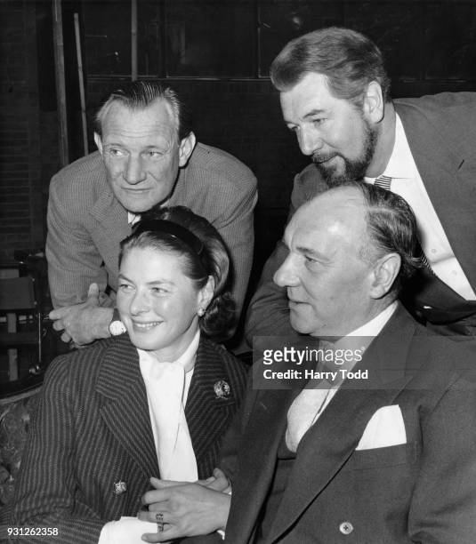 Clockwise from top left, actors Trevor Howard, Michael Redgrave, Sir Ralph Richardson and Ingrid Bergman during rehearsals for the Ibsen play 'Hedda...