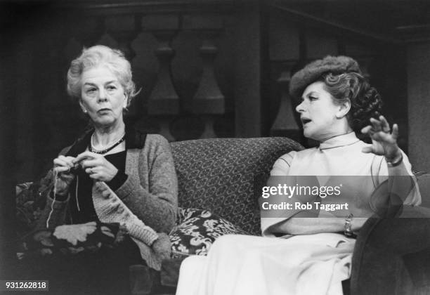 Actresses Wendy Hiller and Ingrid Bergman during a dress rehearsal for the play 'Waters of the Moon' by N. C. Hunter, at the Theatre Royal in London,...