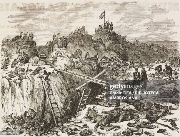 Collecting the dead and wounded after the taking of Sebastopol, Crimean War, illustration from Musee Francais-Anglais, n 11, November 1855.