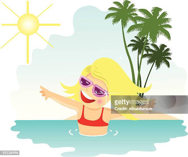 stockillustraties, clipart, cartoons en iconen met cartoon of a young girl playing in tropical seas - nihatdursun