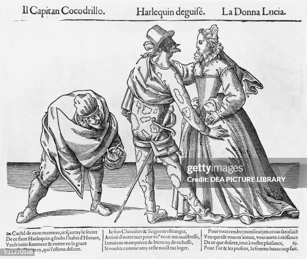 Arlecchino, Donna Lucia, and Capitan Coccodrillo, scene from the Italian Commedia dell'Arte played in France during the reign of Henry III, print.