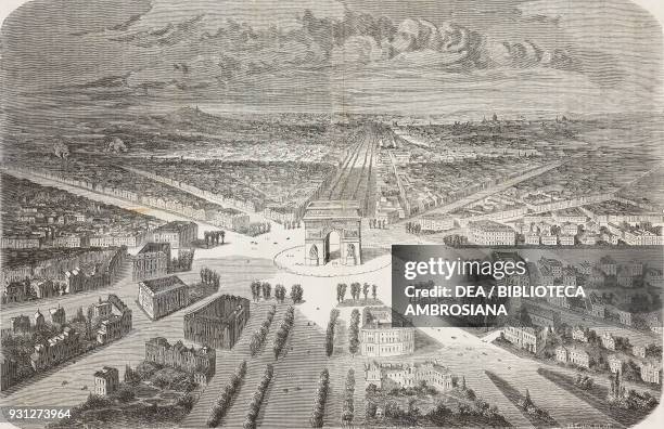 Projected plan of constructions in the Champs-Elysees, the Arc de Triomphe at the center, Paris, France, drawing by Lancelot, engraving by Riault,...