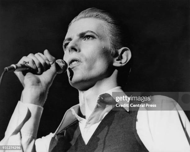 English singer David Bowie in concert at Wembley, London, May 1976.