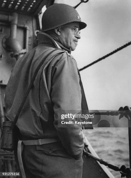 General Omar Bradley of the US Army nears the Normandy coast on Admiral Kirk's flagship 'USS Augusta', on D-Day during World War II, 6th June 1944.