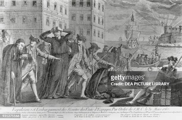 Expelled Jesuits boarding ships out of Spain on the orders of Charles III , engraving, 18th century.