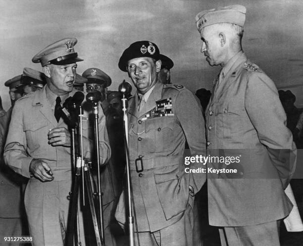From left to right, wartime leaders General Dwight D. Eisenhower , Field Marshal Bernard Law Montgomery and General Omar Bradley meet in the US after...