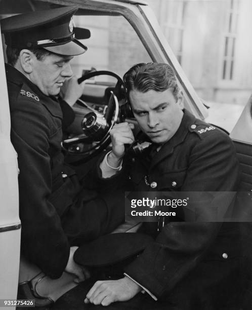Actors Joseph Brady as Jock Weir and Brian Blessed as Fancy Smith during rehearsals for the television police drama 'Z-Cars' at the BBC Television...
