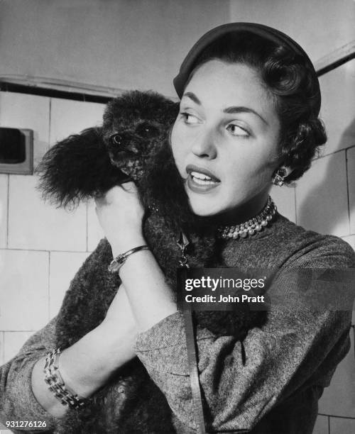 Italian-born British actress and TV personality Katie Boyle plays with Mingo the miniature poodle at the Dogs Bath Club, January 1954. Boyle is...