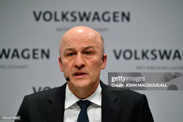 Frank Witter, CFO of German car maker Volkswagen , speaks during his company's annual press conference in Berlin on March 13, 2018. Volkswagen holds...