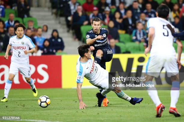 Kosta Barbarouses of the Victory kicks the ball for a goal in the dying stages during the AFC Asian Champions League match between the Melbourne...