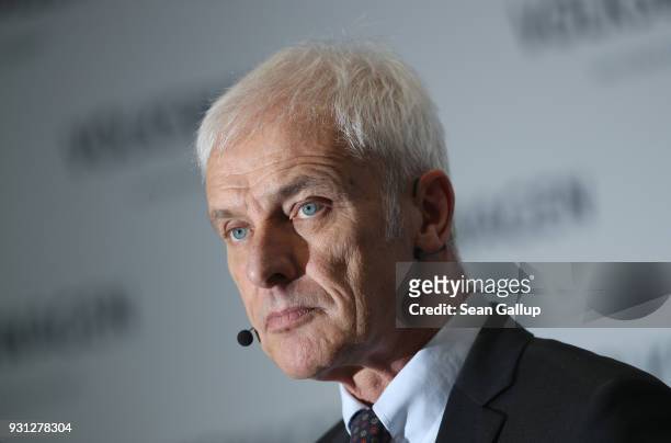 Matthias Mueller, Chairman of German automaker Volkswagen AG, attends the company's annual press conference on March 13, 2018 in Berlin, Germany....