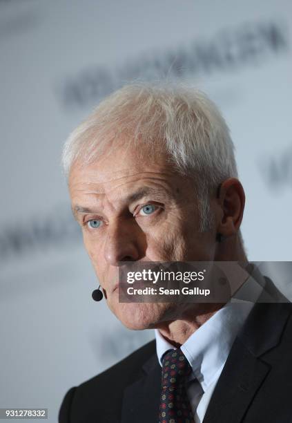 Matthias Mueller, Chairman of German automaker Volkswagen AG, attends the company's annual press conference on March 13, 2018 in Berlin, Germany....