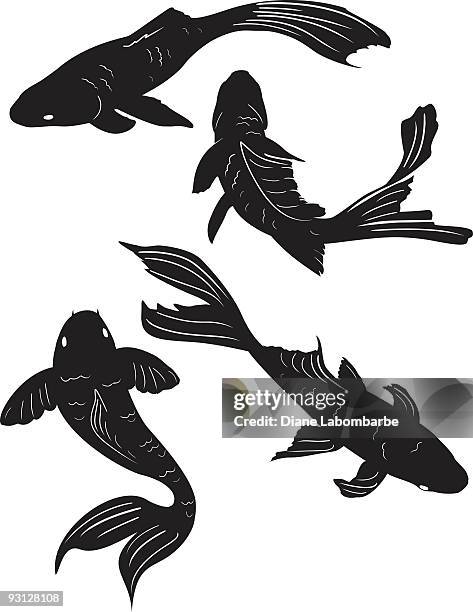 set of four swimming poses koi pond fish black silhouettes - koi carp stock illustrations