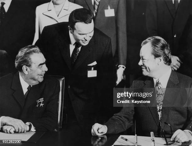 West German Chancellor Willy Brandt with Soviet leader Leonid Brezhnev after signing a German-Soviet treaty of cooperation at the Foreign Office in...