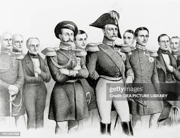 Russian army staff, in the centre, the Grand Duke Alexander and Nicholas I of Russia, lithograph, Crimean War , 19th century.