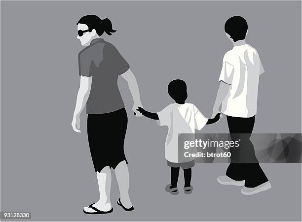 woman and male teen leading toddler across street - teen babysitting stock illustrations