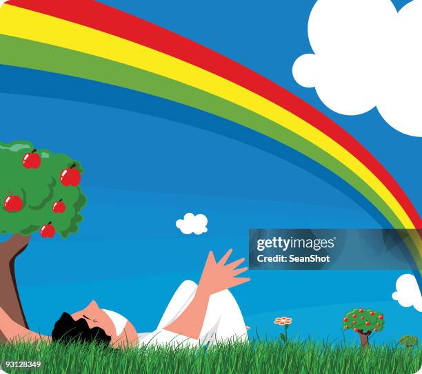 under the rainbow - apple trees stock illustrations