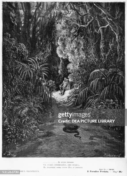 Nearer he drew, and many a walk traversed, Of stateliest covert, cedar, pine, or palm, Satan, possessing the form of the serpent, approaches Adam and...