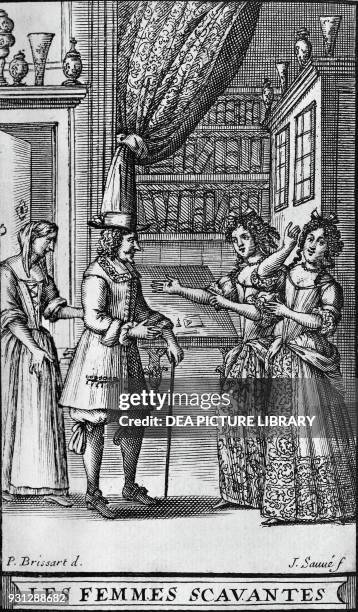 Illustration for The Learned Ladies, comedy by Moliere , engraving by Jean Sauve after a drawing by Pierre Brissart , from Les Oeuvres de M de...