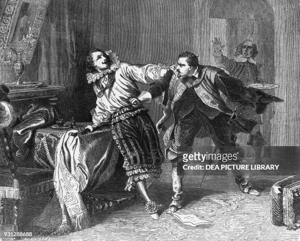 The murder of the Duke of Buckingham, illustration for The Three Musketeers, novel by Alexandre Dumas and Auguste Maquet , engraving after a drawing...