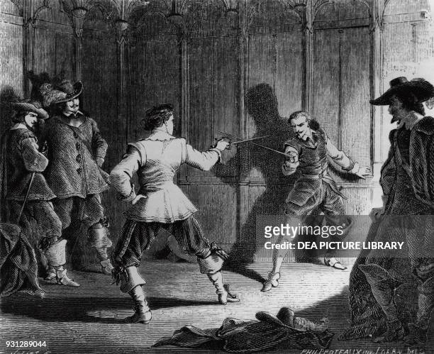 Duel scene, illustration for Twenty Years After, novel by Alexandre Dumas and Auguste Maquet , engraving after a drawing by Felix Henri Emmanuel...