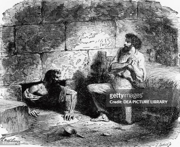 Edmond Dantes and Abbe Faria prisoners at the Chateau d'If, illustration for The Count of Monte Cristo, novel by Alexandre Dumas and Auguste Maquet ,...