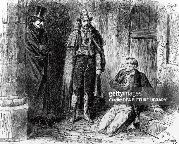 Edmond Dantes e Danglars, illustration for The Count of Monte Cristo, novel by Alexandre Dumas and Auguste Maquet , engraving after a drawing by Ange...