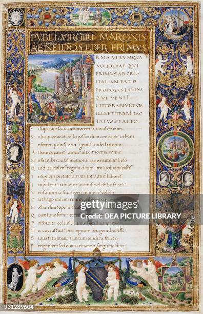 Illuminated page of the first book of the Aeneid, by Virgil , manuscript, 15th century.