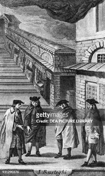 Lunardo, Maurizio, Simon, and Canciano at the Rialto Bridge, illustration for The boors, comedy by Carlo Goldoni , engraving, published by...