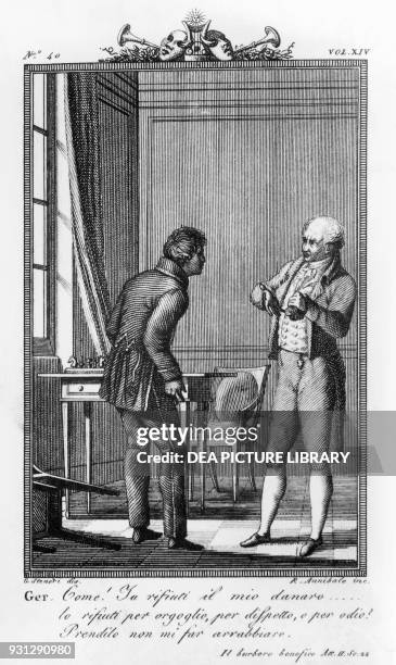 Geronte reproaches Piccardo for refusing his money, illustration for The beneficent bear, comedy by Carlo Goldoni , engraving by Rocco Annibale after...