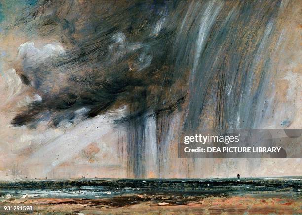 Rainstorm over the sea, seascape study with rainclouds, ca 1824-1828, by John Constable , oil on paper laid on canvas, 22.2x31 cm.