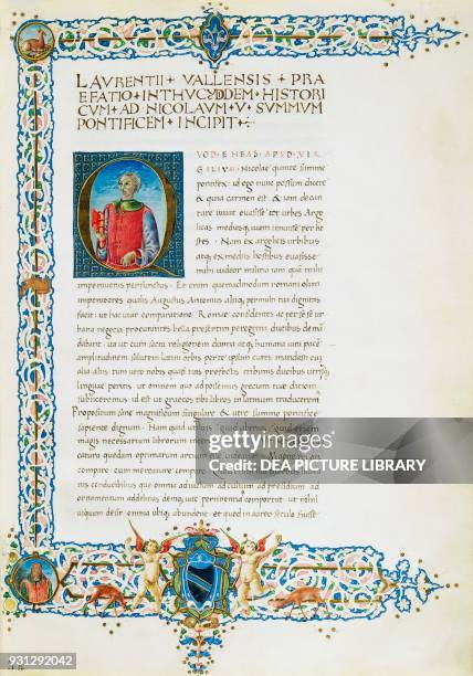 Illuminated first page with a portrait of Lorenzo Valla, from the History of the Peloponnesian War by Thucydides, Latin manuscript.
