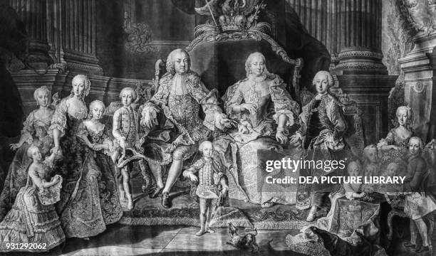 Maria Theresa and Francis I, Holy Roman Emperor with their thirteen children, engraving, Austria, 18th century.