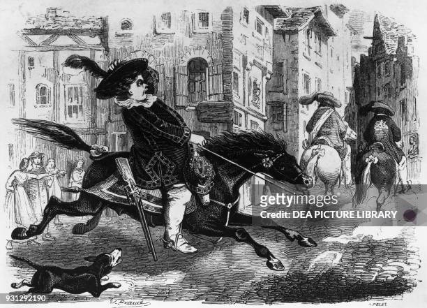 Mousqueton riding through the streets, illustration for Twenty Years After, novel by Alexandre Dumas and Auguste Maquet , engraving from a Parisian...