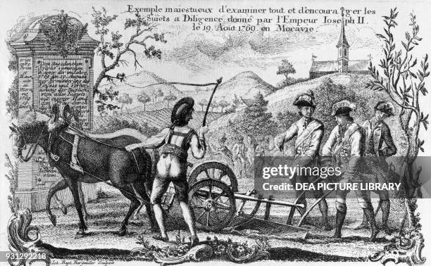 The Emperor Joseph II guiding a horse-drawn plow in a field, August 19 Moravia, engraving by Johann Baptist Bergmuller .