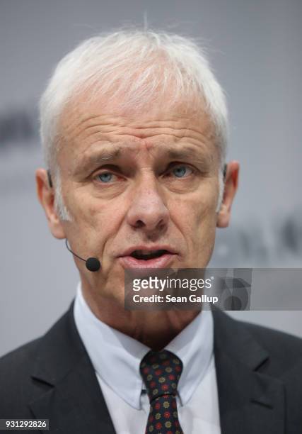 Matthias Mueller, Chairman of German automaker Volkswagen AG, attends the company's annual press conference on March 13, 2018 in Berlin, Germany....