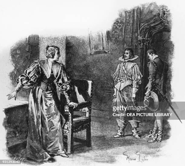 Milady de Winter and the Duke of Buckingham, illustration for The Three Musketeers, novel by Alexandre Dumas and Auguste Maquet , engraving after a...