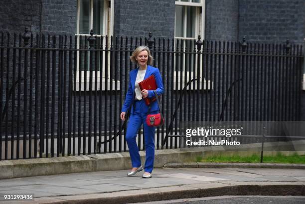 Chief Secretary to the Treasury Elizabeth Truss arrives for the weekly cabinet meeting at 10 Downing Street on March 13, 2018 in London, England.