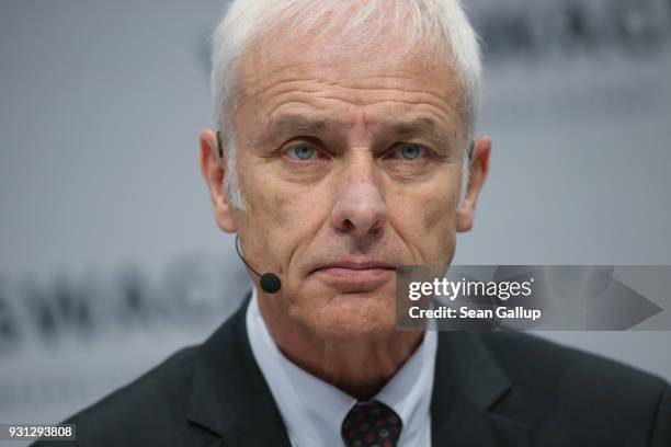 Matthias Mueller, Chairman of German automaker Volkswagen AG, attends the company's annual press conference on March 13, 2018 in Berlin, Germany....