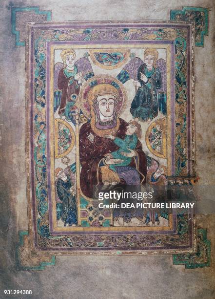 Madonna with the child, the first image of the Virgin in a western manuscript, ca 800, miniature from the Book of Kells, Latin manuscript, folio 7...