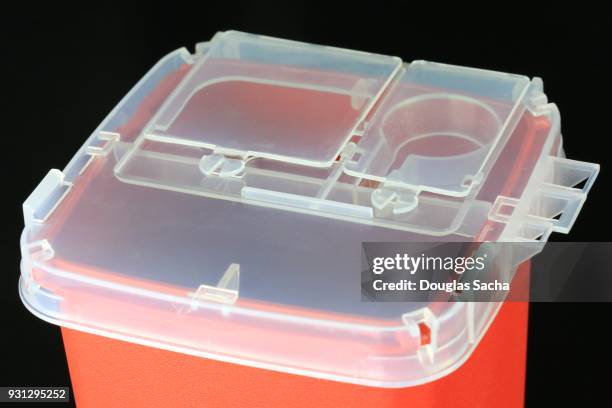 empty sharps container for biohazard needles - sharps container stock pictures, royalty-free photos & images