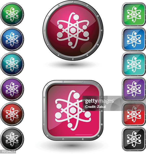 atom - glossy buttons with steel frame. - alchemy stock illustrations
