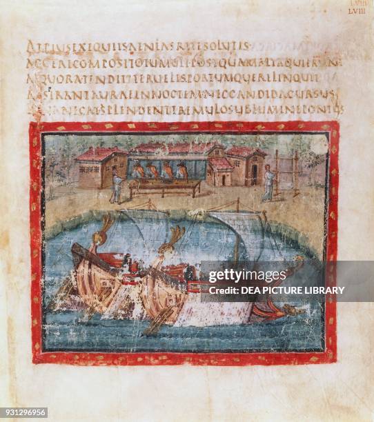 Two sailing ships, miniature from the Aeneid , by Virgil , from Vergilius romanus, Latin Vatican Codex 3867, 5th century.