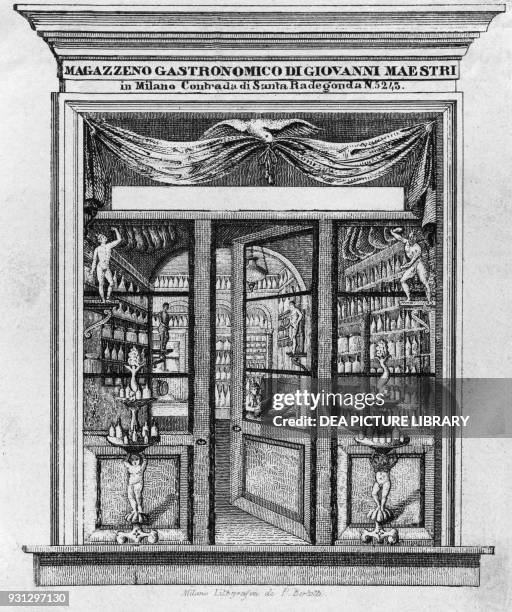 The entrance of Giovanni Maestri's Magazzeno Gastronomico in Milan, Italy, lithograph by Pietro Bertotti, 19th century.