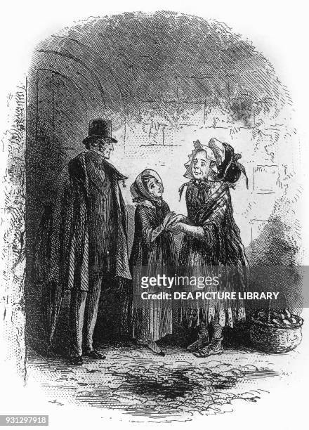 Little Mother, Maggie, Little Dorrit, and Arthur Clennam in High Street, Chapter IX, illustration for Little Dorrit, novel by Charles Dickens ,...