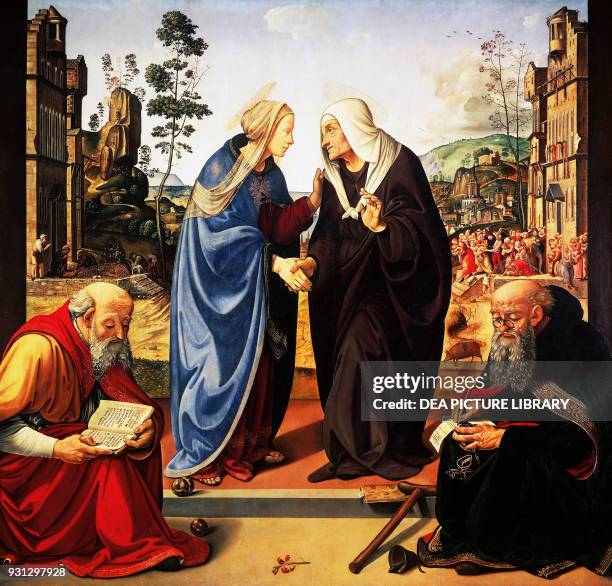 The Visitation with Saint Nicholas and Saint Anthony Abbot, ca 1489-1490, by Piero di Cosimo , oil on panel, 184.2x188.6 cm.