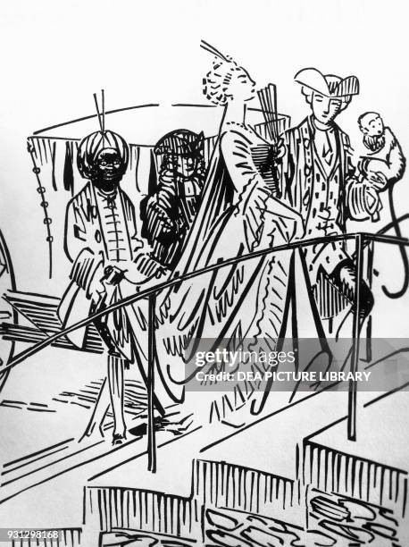 Lady descending from a coach, illustration for The Opinions of The Abbe Jerome Coignard, novel by Anatole France , woodcut by Alfred Latour after a...